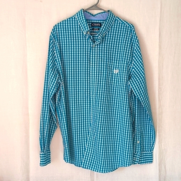 Chaps Easy Stretch Teal White Check Plaid Full Length Button Up Size XL - Picture 1 of 5